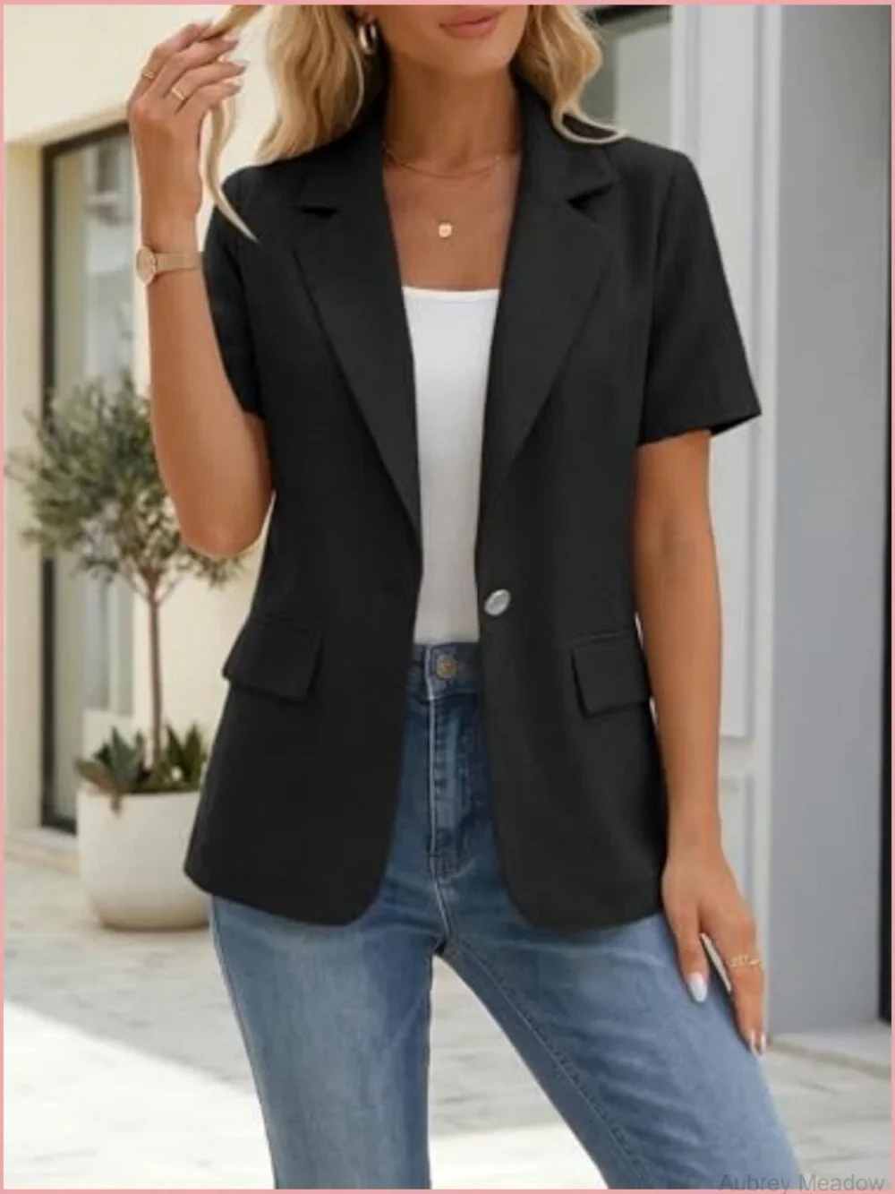 Short Sleeve Blazer Jacket - Lightweight Casual Work with Pockets